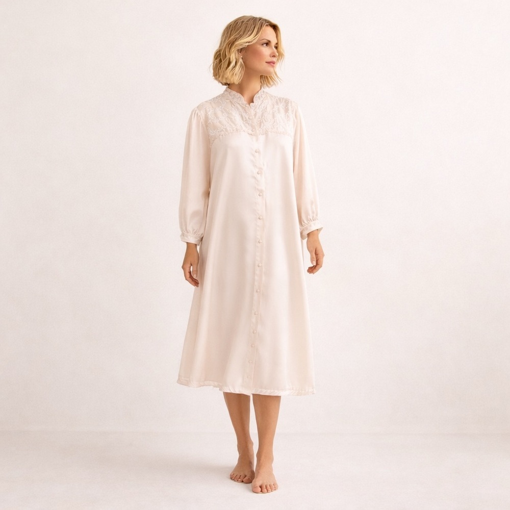 Vtg Edwardian Prairie Embroidered Nightgown Satin Heirloom Lace Light Blush L